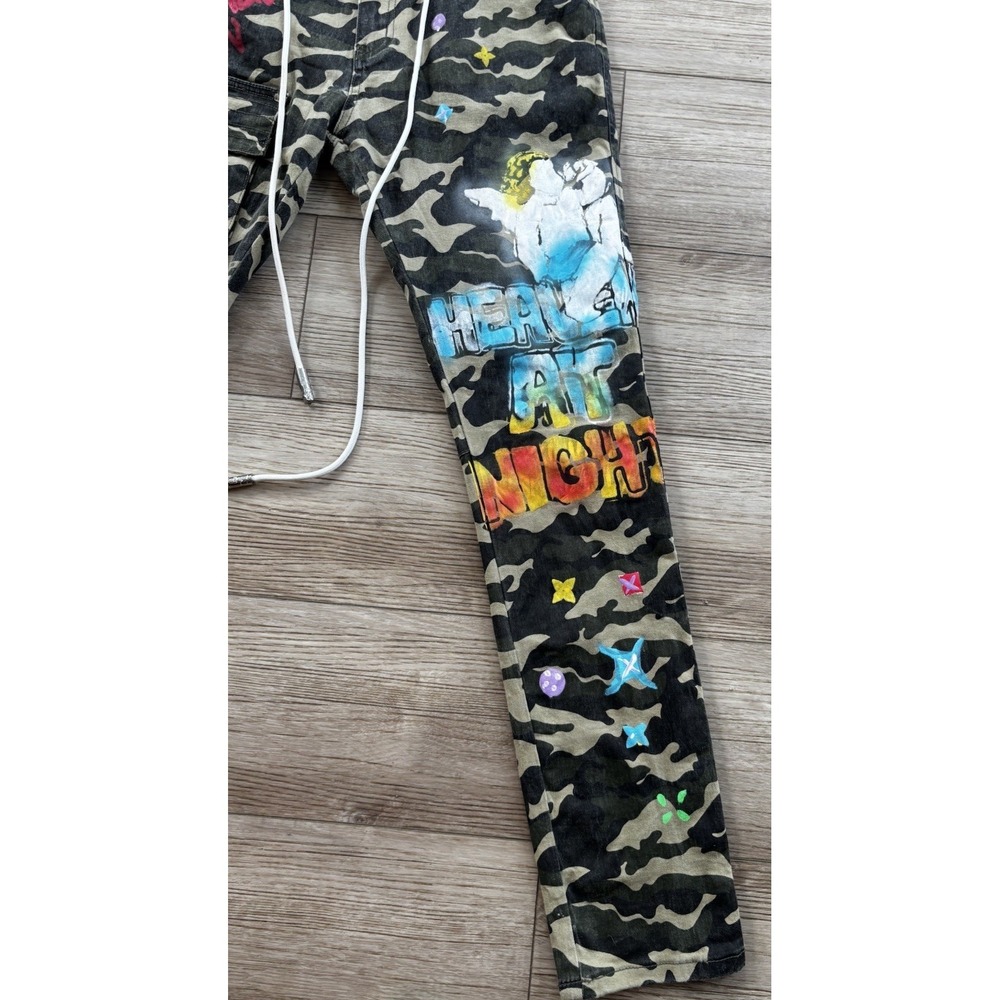 Lifted Anchors Custom Graphic Camo Cargo Men's Pants Size 34 Streetwear LA - Picture 2 of 15